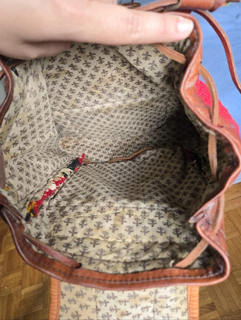 Handmade Moroccan Kilim Leather Backpack Red Southwestern Tribal Boho Rucksack - Picture 14 of 15